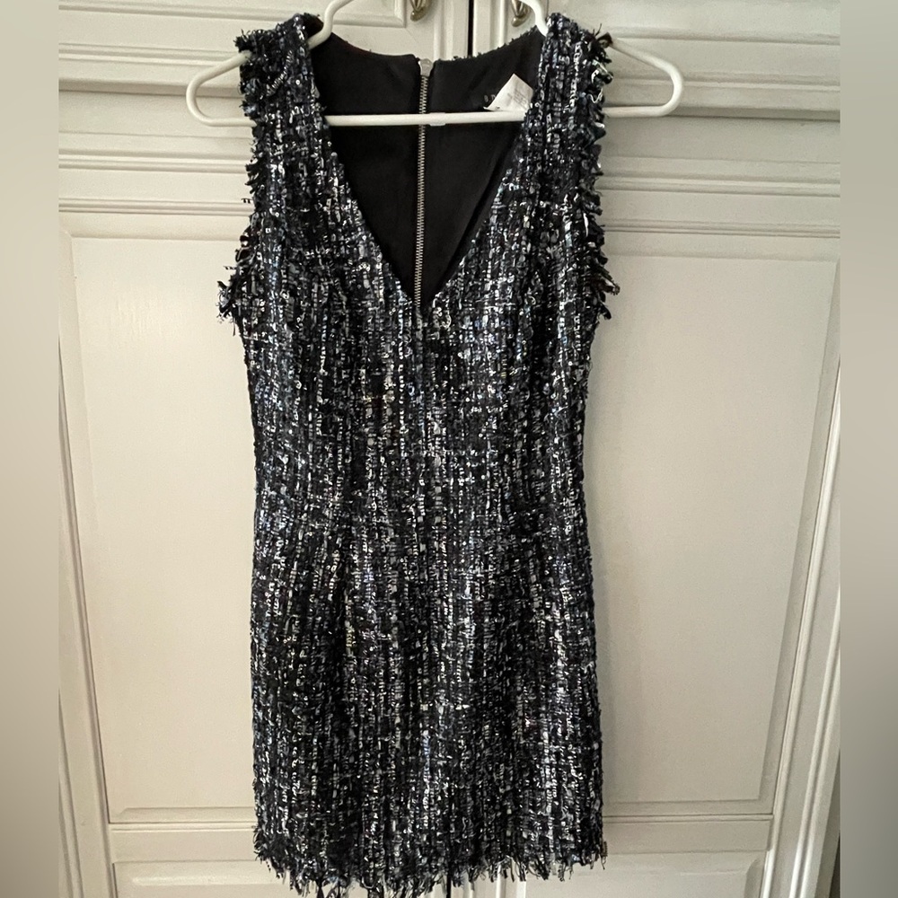 B. Darlin Juniors Sheath Tweed Dress Blue Multi Color size 3/4 Fringe Sequin